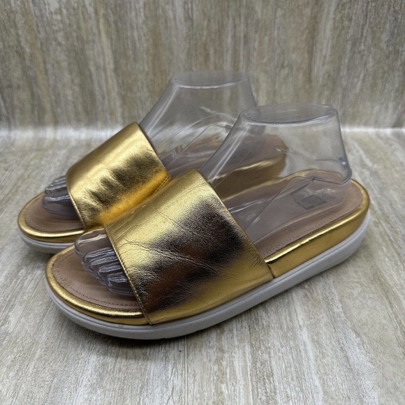 Fitflop Shoes - FitFlop Luxe Loosh Slide Sandals Womens‎ 8 Metallic Gold Leather Slip On Shoes